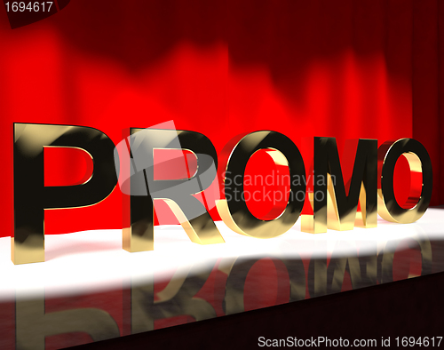 Image of Promo Word On Stage Showing Sale Savings Or Discounts