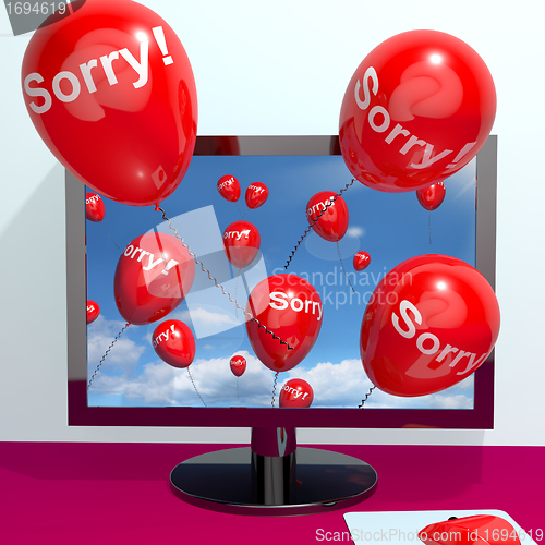 Image of Sorry Balloons From Computer Showing Online Apology Regret Or Re