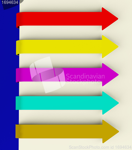 Image of Five Multicolored Long Arrow Tabs Over Paper For Menu List Or No