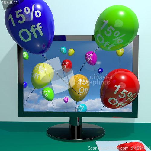 Image of 15% Off Balloons From Computer Showing Sale Discount Of Fifteen 