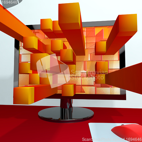 Image of Three Dimensional Orange Squares On Computer Monitor Shows 3d Gr