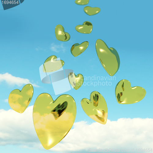 Image of Metallic Gold Hearts Falling From The Sky Showing Love And Roman
