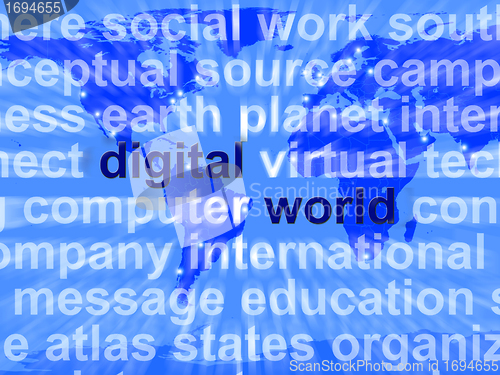 Image of Digital World Words On Map Showing Global Internet Or Worldwide 