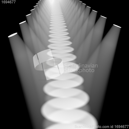 Image of Multiple White Spotlights In A Row On Stage For Highlighting Or