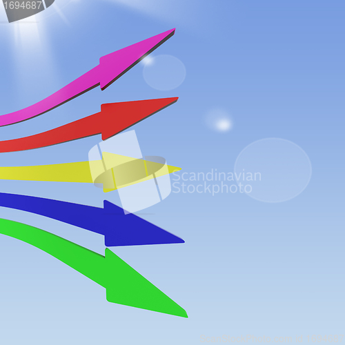 Image of Multicolored Group Of Arrows In The Sky Showing Teamwork