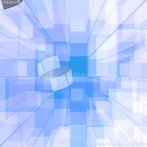 Image of Bright Glowing Blue Glass Background With Artistic Cubes Or Squa