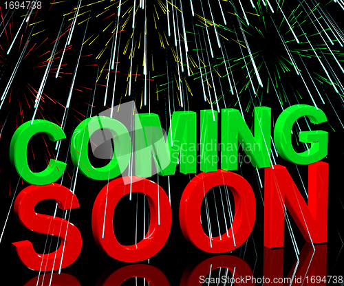 Image of Coming Soon Words With Fireworks Showing New Product Arrival Ann