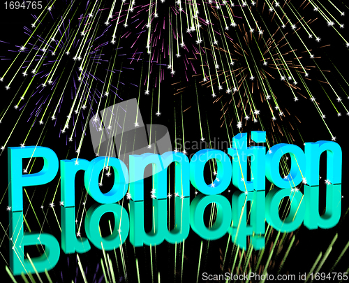Image of Promotion Word With Fireworks Showing Sale Savings Or Discounts