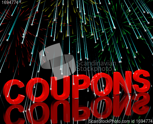 Image of Coupons Word With Fireworks Showing Vouchers For Reductions Or D