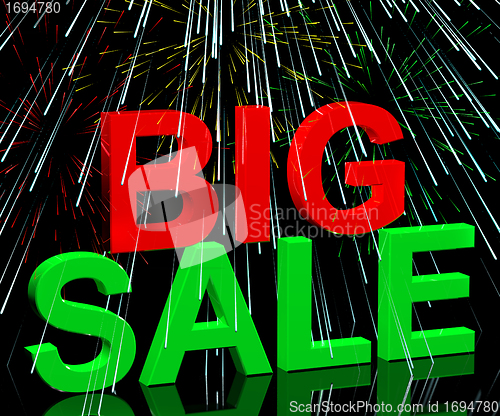 Image of Big Sale Word And Fireworks Showing Promotion Discount And Reduc