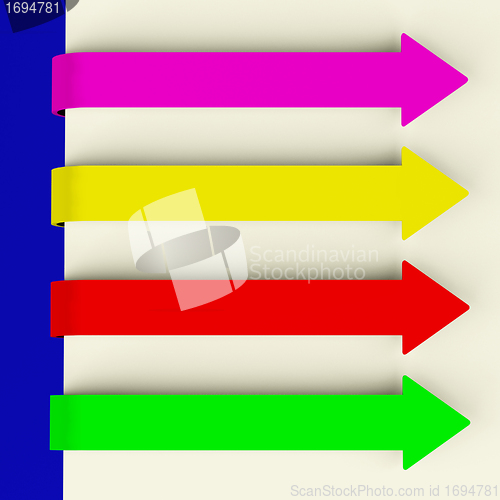 Image of Four Multicolored Long Arrow Tabs Over Paper For Menu List Or No