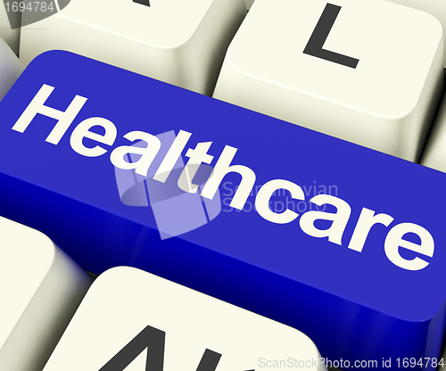 Image of Healthcare Key In Blue Showing Online Health Care