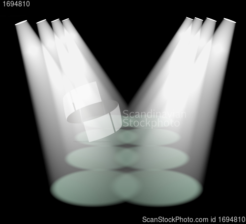 Image of Six White Spotlights In A Row On Stage For Highlighting Products