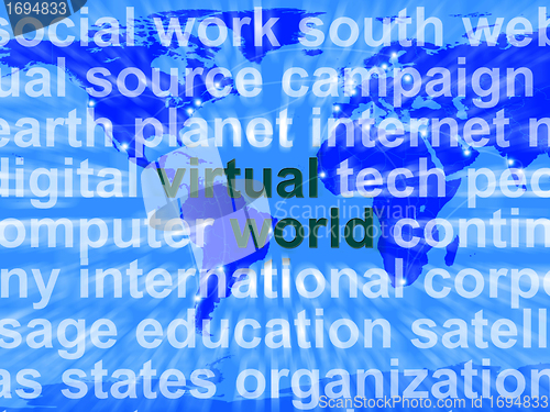 Image of Virtual World Words On Map Showing Global Internet Or Worldwide 
