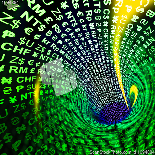 Image of Currency Symbols Glowing In Yellow Shows Exchange Rates And Fina