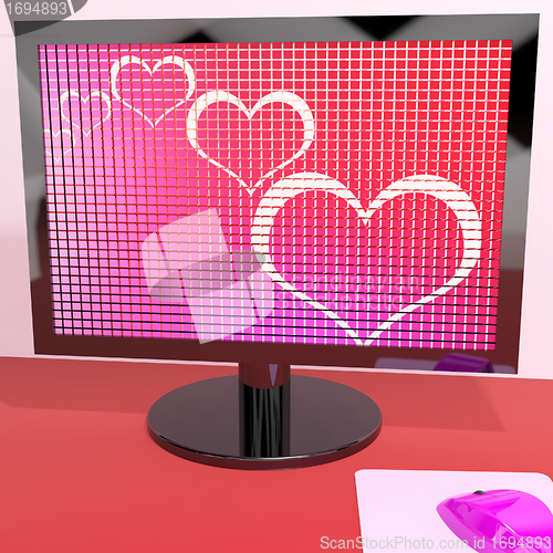 Image of Hearts On Computer Screen Showing Love And Online Dating