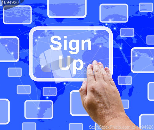 Image of Sign Up Button On Blue Showing Subscription And Registration