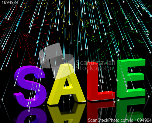 Image of Sale Word And Fireworks Showing Promotion Discount And Reduction