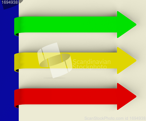 Image of Three Multicolored Long Arrow Tabs Over Paper For Menu List Or N