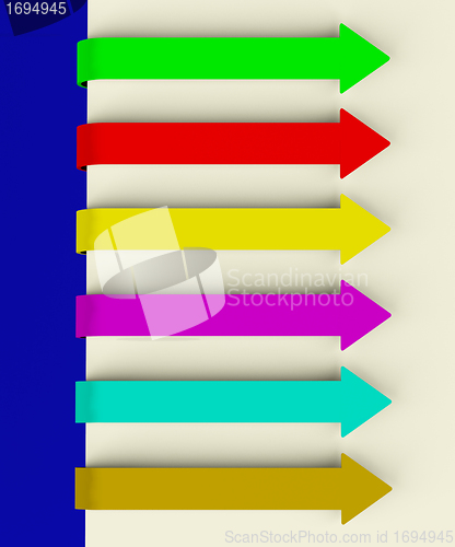 Image of Six Multicolored Long Arrow Tabs Over Paper For Menu List Or Not