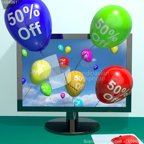 Image of 50% Off Balloons From Computer Showing Sale Discount Of Fifty Pe