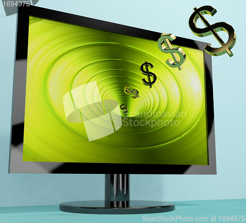 Image of Dollar Symbols Coming From Screen Showing Money Wealth Earnings 