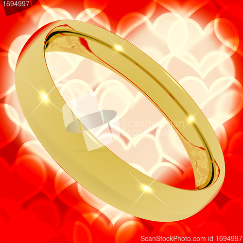 Image of Gold Ring On Heart Bokeh Background Representing Love Valentine 