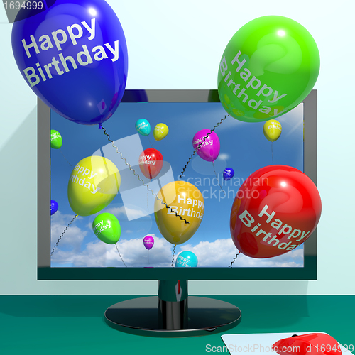 Image of Multicolored Balloons Greeting From Computer Celebrating A Happy