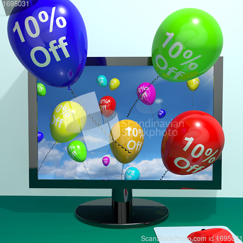 Image of 10% Off Balloons From Computer Showing Sale Discount Of Ten Perc