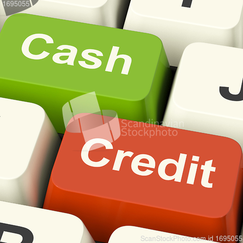 Image of Cash And Credit Keys Showing Consumer Purchases Using Money Or D