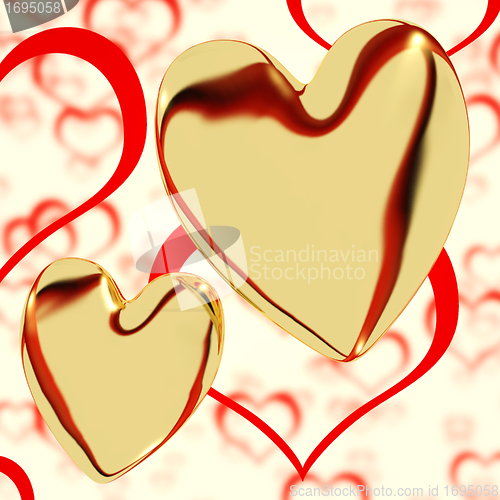 Image of Gold Hearts On A Heart Background Showing Love Romance And Roman
