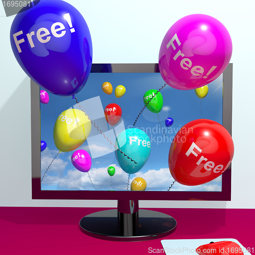 Image of Balloons With Free Coming Through Computer  Showing Freebies and