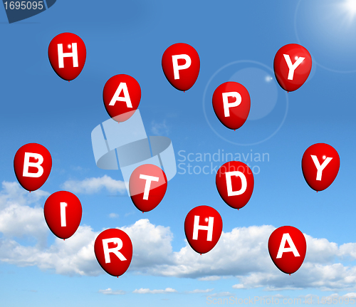 Image of Red Balloons In The Sky Spelling Happy Birthday