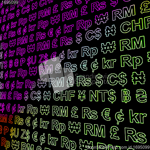 Image of Currency Symbols Glowing In Colors Showing Exchange Rates And Fi