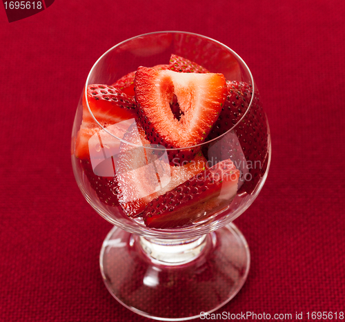 Image of Fresh sliced strawberries in glass dish