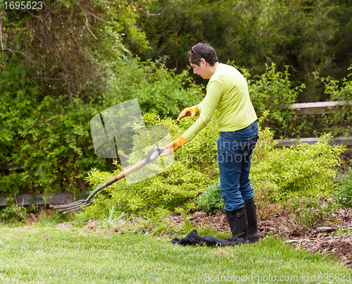 Image of Lady gardener throws away fork in frustration