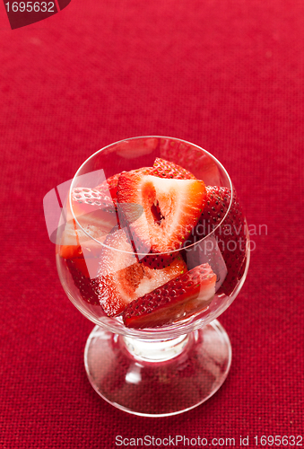 Image of Fresh sliced strawberries in glass dish
