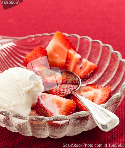 Image of Fresh sliced strawberries in glass dish