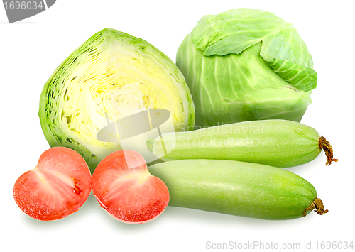 Image of Green cabbage, marrow and red tomatos