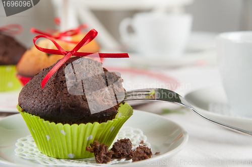 Image of Partially eaten chocolate muffin with fork