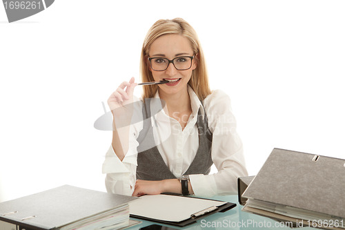 Image of business woman with folder on desk workin isolated on white background