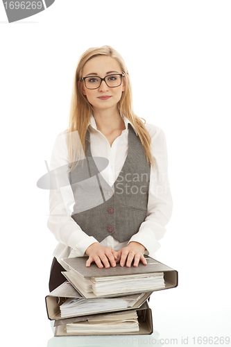 Image of business woman with folder on desk workin isolated on white background