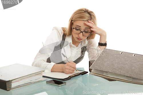 Image of business woman with folder on desk workin isolated on white background