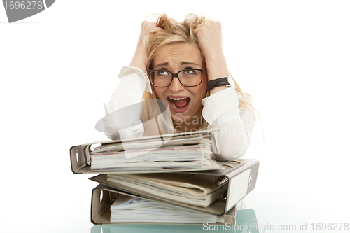 Image of business woman with folder on desk workin isolated on white background