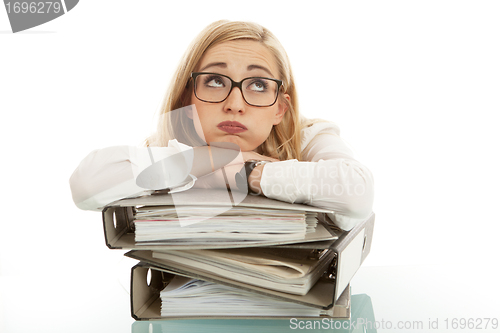 Image of business woman with folder on desk workin isolated on white background