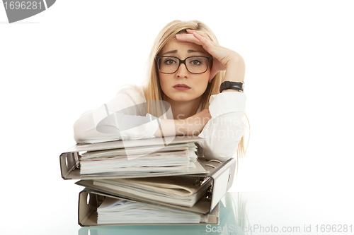 Image of business woman with folder on desk workin isolated on white background