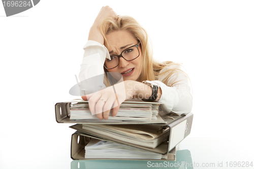 Image of business woman with folder on desk workin isolated on white background