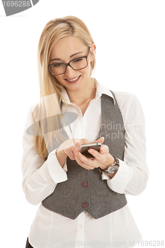 Image of young business woman with mobile phone isolated on white background