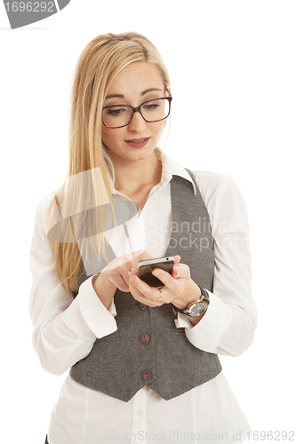 Image of young business woman with mobile phone isolated on white background