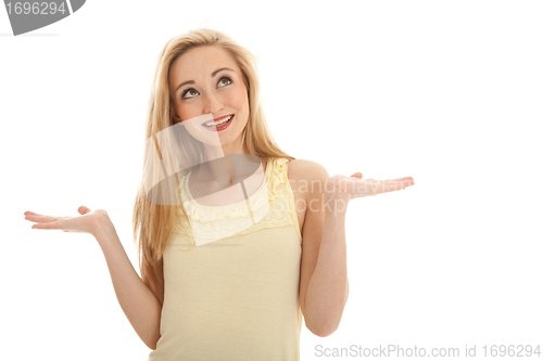 Image of young beautiful blonde woman emotion isolated on white background